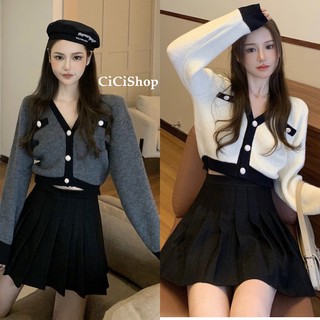 Cicishop(Z1809)เสื้อคานิแกนไหมพรมตัดขอบดำ แต่งกระดุมทอง ผ้าทอร่องเล็กยืดได้เยอะสไตล์เกาหลี