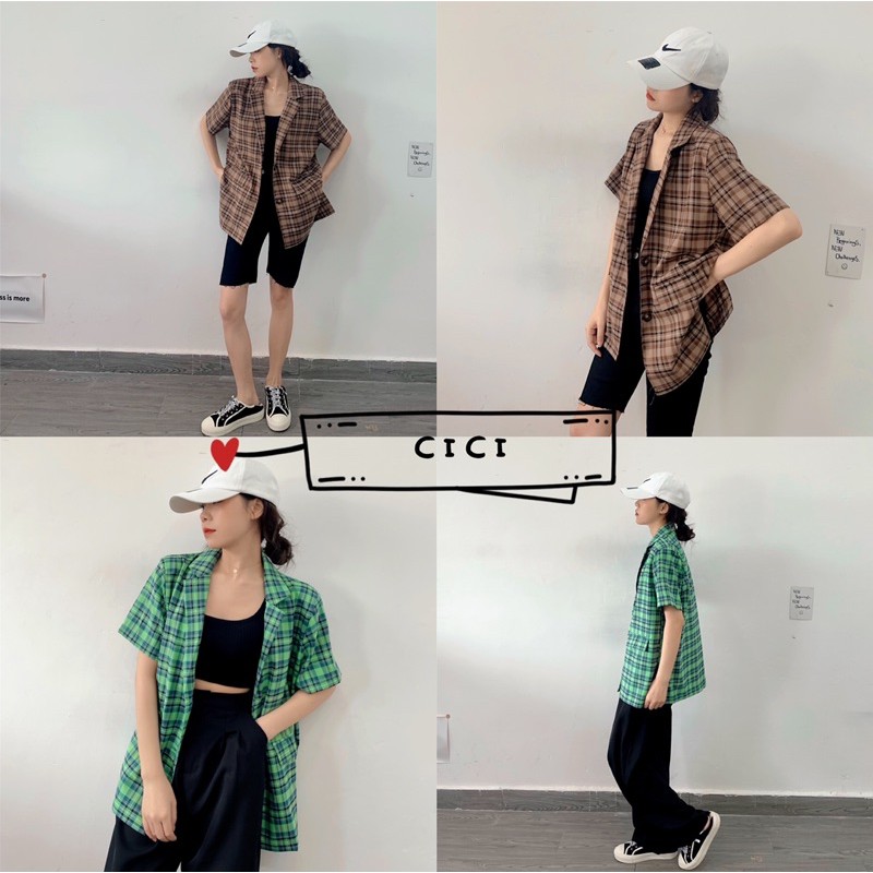 ส่งทันที Cici(NO. 2152)เสื้อเบลเซอร์ แขนสั้นลายสก๊อตคอปก งานผ้าฝ้าย ดีเทลมีฟองน้ำบนหัวไหล่ ใส่สบายแฟชั่นสาวๆ สุดฮิต