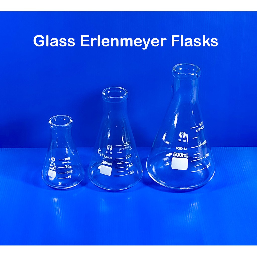 ขวดรูปชมพู่ แก้ว มีขีดสเกล ขนาด 100ml 250ml and 500ml Glass Erlenmeyer Flask with Scale (Borosilicate Glass)