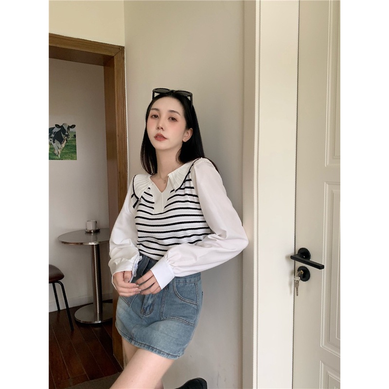 Elves✨พร้อมส่ง✨ เสื้อไหมพรมคอปกแขนยาวชีฟอง ดีเทลลายทางน่ารักคิ้วมาก ~50055-1~