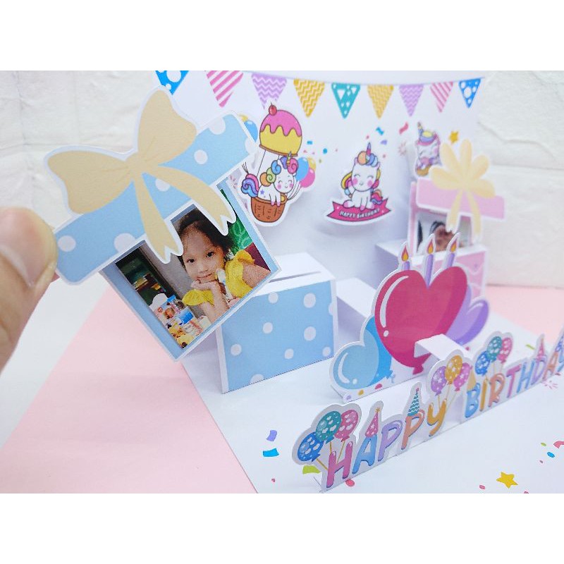 การ์ดป๊อปอัพ Popup อวยพรวันเกิด Happy birthday ธีมโพนี่น่ารัก ใส่รูปได้2รูปไปเลยจ้า HBDL03.