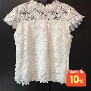 Women White Floral Top Size S-M เสื้อลูกไม้สีขาว เสื้อใส่ทำงาน แขนสั้น ซิปรูดด้านหลัง มีซับใน ไซส์ S-M