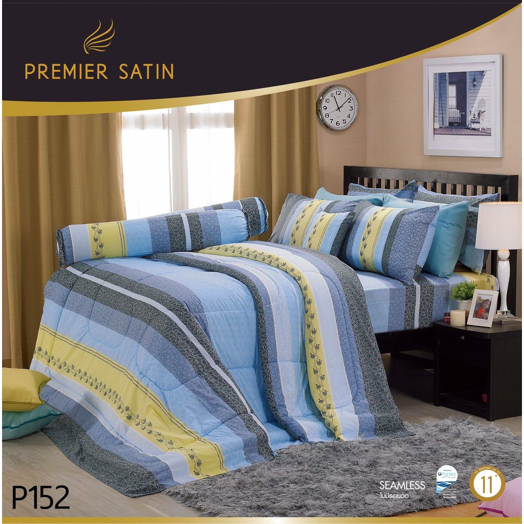 (Hot) PREMIER Satin ชุดผ้าปูที่นอน+ผ้านวม สำหรับเตียง 6 ฟุต ผ้าปูลายคลาสสิค สีพื้น ลายการ์ตูน กันไรฝุ่น ผ้าหนานุ่ม