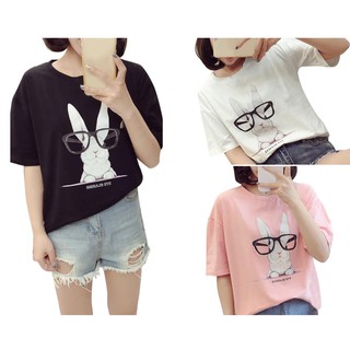 เสื้อยืดคอกลมแขนสั้นพิมพ์ลายการ์ตูนกระต่ายสำหรับผู้หญิง