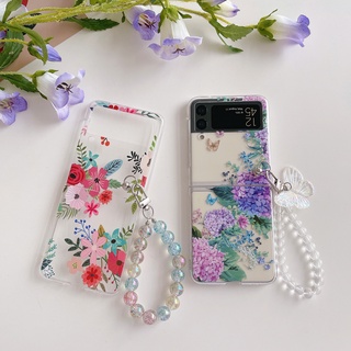 เคสโทรศัพท์มือถือ PC แข็ง ลายดอกไม้ ผีเสื้อ พร้อมสายคล้องมือ สําหรับ Samsung Galaxy Z Flip 3 Z Flip 4 Z Flip Second Z Flip 2 1