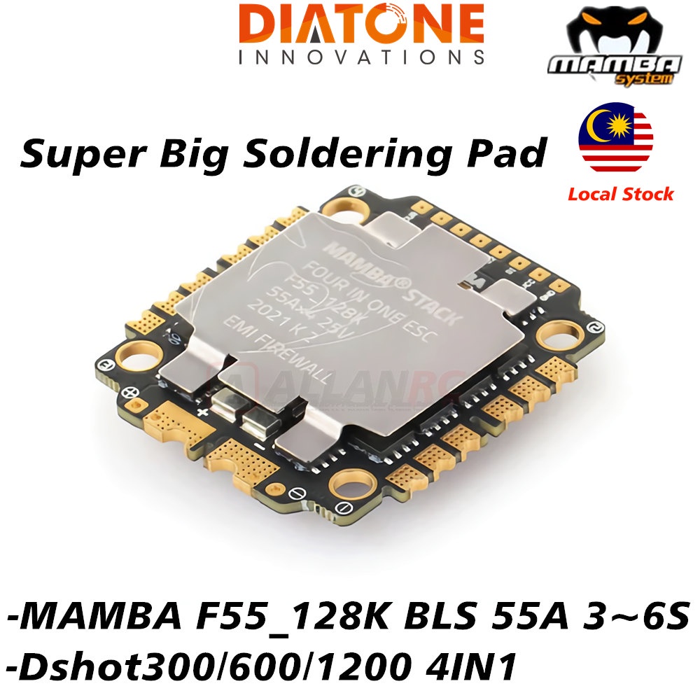 Diatone MAMBA F55_128K BLS Dshot300/600/1200 4IN1 ESC 55A 3~6S (30.530.5) M3 ติดตั้ง ESC BLHeli_S 12