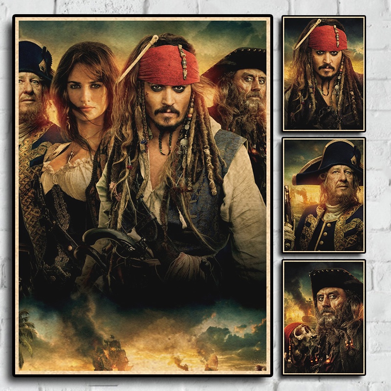 โปสเตอร์ภาพยนตร์โจรสลัด Captain Jack Sparrow's Fantasy Adventure Pirates of the Caribbean: On Stranger สไตล์เรโทร สําหรับตกแต่งบ้าน