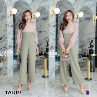 TwinsShopVip💗พร้อมส่ง TW15177 Jumpsuit จั้มสูทขายาวแขนพองสีทูโทน Jumpsuit Two-tone puff sleeves long-sleeved j