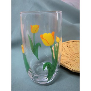 (พร้อมส่ง) แก้วน้ำ ลายดอกทิวลิปสีเหลือง สไตล์วินเทจ