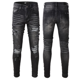 AMIRI Mens Jeans White Black Leather Patchwork Ink Painting Ripped Jeans Men 816