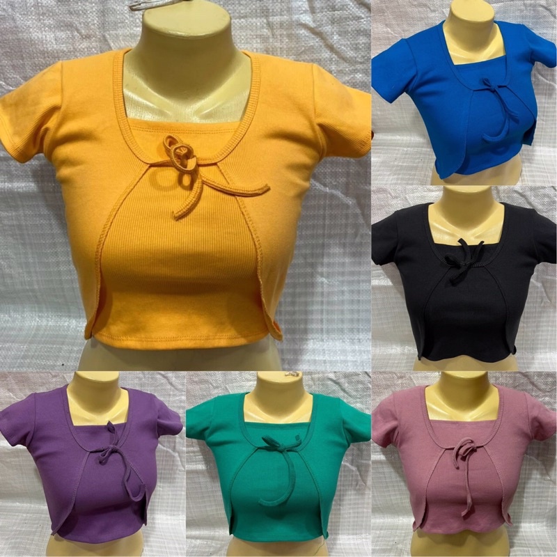 เสื้อครอปแขนสั้น รุ่นผูกหน้า ครอปสายฝอ งานติดกัน