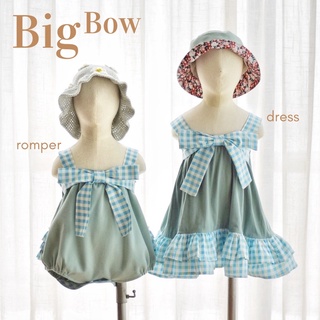 Once Upon A Time  Kiddy - รอมเปอร์ &amp; เดรส - Big Bow ลายตางรางสีฟ้า