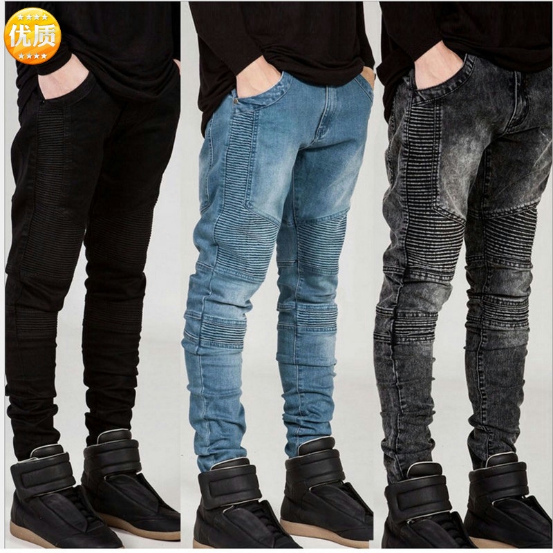 BIKER JEANS Fashion Mens Motorcycle Pants Pleated Slim Fits Jeans