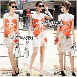 LY015 เดรสแขนกุดผ้าซิลพิมพ์ลายดอกไม้สีส้มสไตล์ฮอลิเดย์