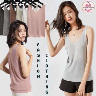 F-3269 ⚡️SALE⚡️ เสื้อสายเดี่ยว แขนกุด ไหมพรม คอวี (munafie.fashion)