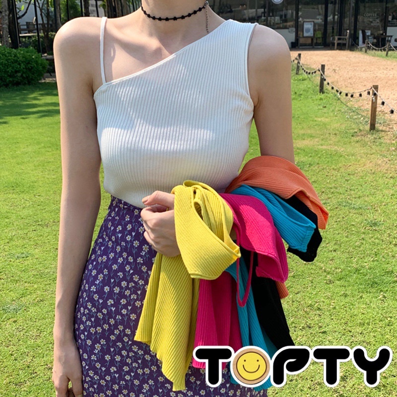 TOPTY เสื้อแขนปาดไหล่ สายเดี่ยวไหมพรมสีสวยน่ารัก