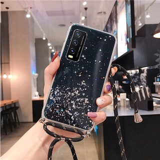 New Style เคสโทรศัพท์ VIVO Y12S / VIVO Y20 Lanyard Bling Glitter Sequins Transparent Cover With Shoulder Strap Casing Buat