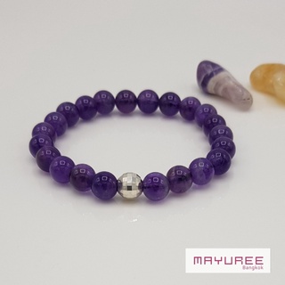 สร้อยข้อมือหินอเมทิส (Amethyst) ขนาด 8 มิล ประดับด้วยลูกปัดเงินแท้ 92.5% เจียรไนลวดลายลูกบอลไฟดิสโก้