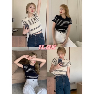 1LDK🌈พร้อมส่ง🌈เสื้อยืดคอกลมแขนสั้นลายทางผ้าร่องยืดดีมาก(98041-1)