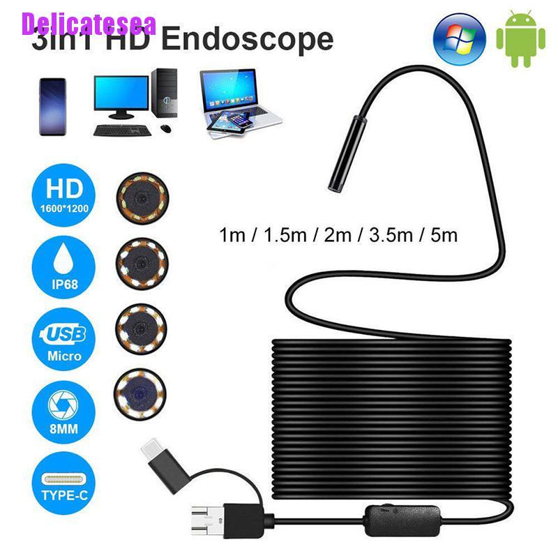 Delicatesea> 3 In 1 เลนส์กล้องเอนโดสโคป Type-C 5.5 7 8 มม. Hd Ip68