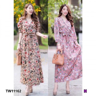 **สอบถามก่อนสั่งนะคะ**TW11162   Maxi Dress เดรสยาวคอวีแขนยาว เนื้อผ้าหางกระรอกลายดอกไม้ ชุดมีซับใน ซิปหลัง