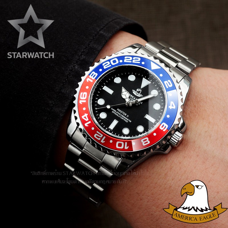 นาฬิกาจักรกล นาฬิกาคู่ AMERICA EAGLE นาฬิกาข้อมือผู้ชาย สายสแตนเลส รุ่น AE8007G - SILVER/BLACK/BLUERED