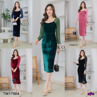 17904 เดรสกำมะหยี่สีพื้น แขนยาว Solid color velvet dress with long sleeves