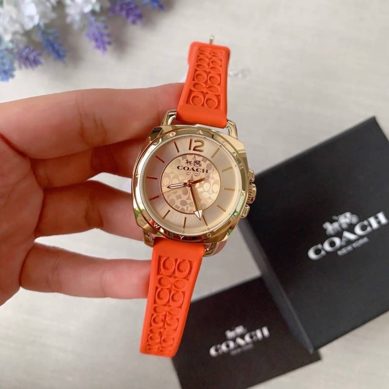 พร้อมส่ง/ของแท้💯💯💯 Coach Women's Boyfriend Small 34mm Rubber Strap Watch Gold/Orange Watch
