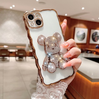 เคสโทรศัพท์มือถือ TPU ชุบไฟฟ้า ประดับเพชรคริสตัล ลายคลื่น หมีโหด 3D สําหรับ Iphone 13 12 11 Pro Max Xs Max Xr 8 7Plus