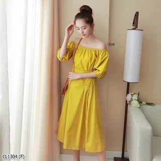 พร้อมส่ง! ชุดเดรสสั้นสีเหลือง Dress ชุดเดรสสั้น ทรงปาดไหล่แขนตุ๊กตปลายแขนจั้ม ทรงสวย เย็บสายติดกับชุดไว้สำหรับผูกโบว์