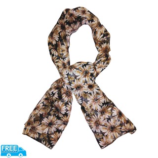 (ส่งฟรี) Women Scarf - Brown Sunflower Printed  ผ้าพันคอผู้หญิงพิมพ์ลายดอกทานตะวันสีน้ำตาล