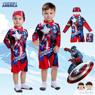 ชุดว่ายน้ำเด็กผู้ชาย Captain America บอดี้สูทเสื้อแขนยาวกางเกงขาสั้น มาพร้อมหมวกว่ายน้ำและถุงผ้า ใส่สบาย ลิขสิทธิ์แท้