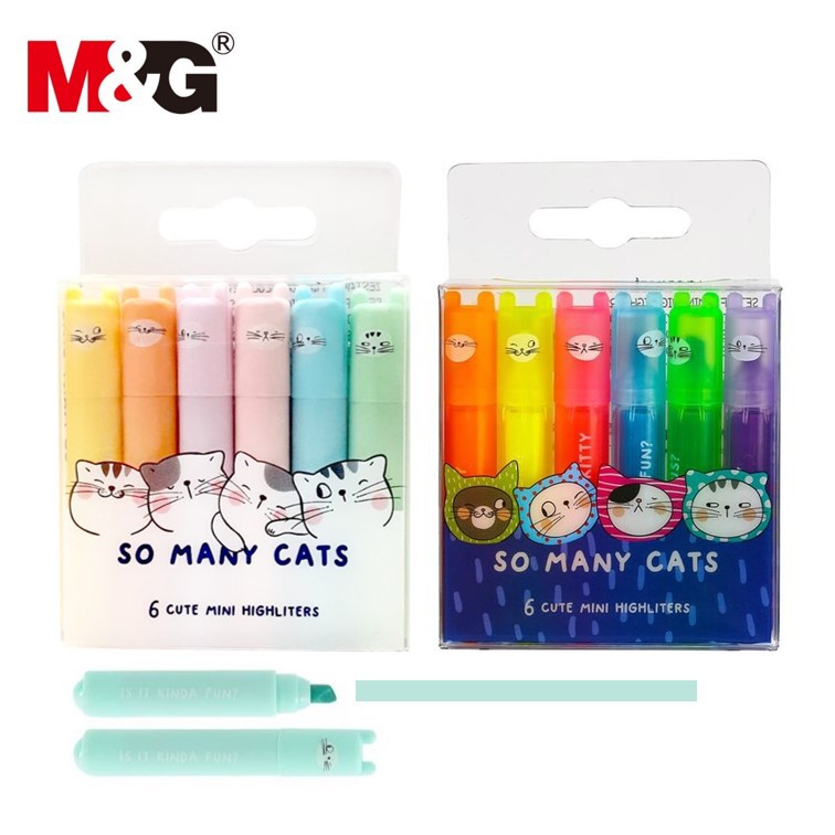 ปากกาเน้นข้อความจิ๋ว ไฮไลท์จิ๋ว 6 สีนีออน และ พาสเทล ตรา M&G เอ็มแอนด์จี ลายแมวน่ารัก AHM22574