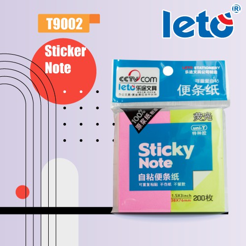 กระดาษโพสอิท 1.5นิ้ว LETO รุ่น T9002 กระดาษโน้ต STICKER NOTE 200แผ่น:แพ็ค**ขายยกกล่อง คละสี**