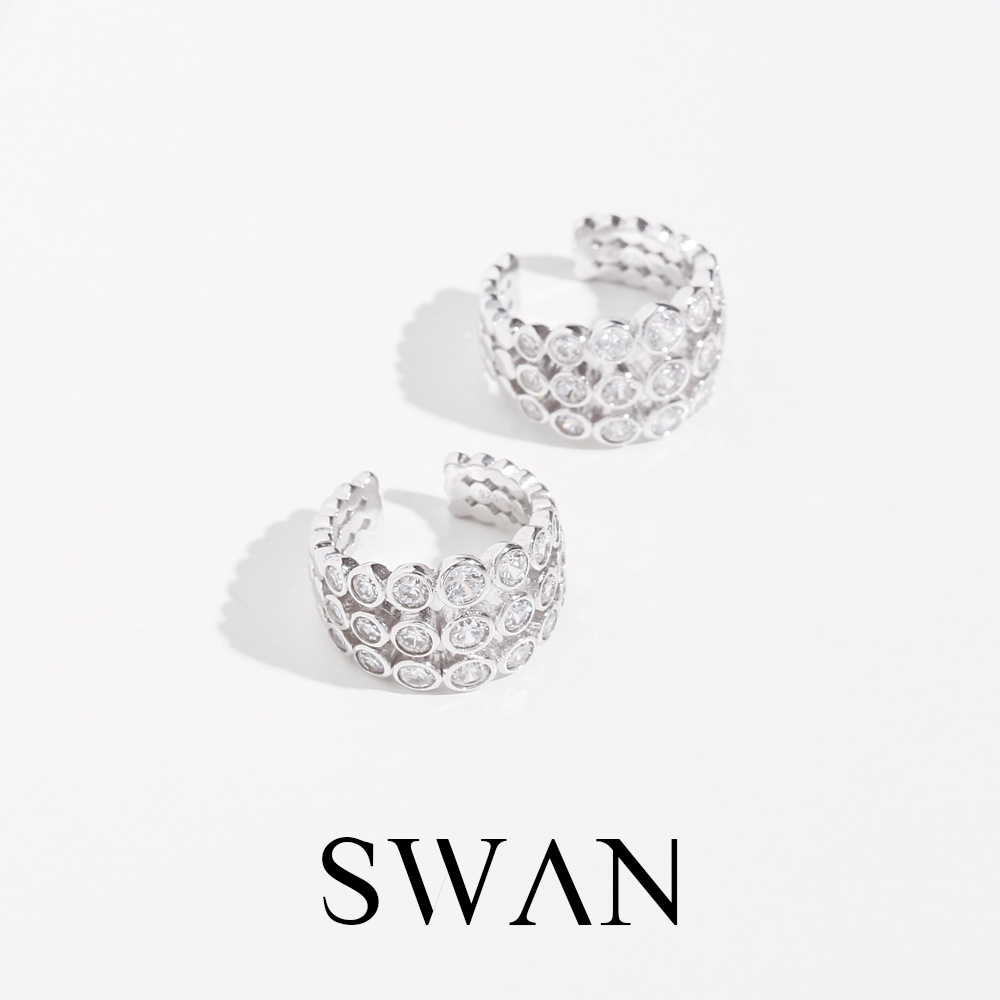 [ส่งด่วนฟรี]SWAN - Triple Bezel Ear Cuff ต่างหูหนีบเงินแท้ ไม่ต้องเจาะ ฝังเพชรคิวบิกเซอร์โคเนีย