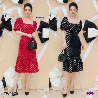 👗เดรสคอเหลี่ยมลายจุดเล็กชายแต่งระบายผูกโบว์หลัง👗