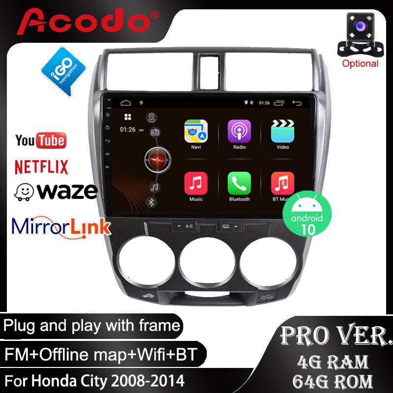 Acodo 2G RAM 32G ROM Android 12.0 รถวิทยุ 10 นิ ้ วหน ้ าจอสัมผัสเครื ่ องเล ่ นมัลติมีเดียสําหรับ Honda CITY 2008-2014 นําทาง GPS 2 din