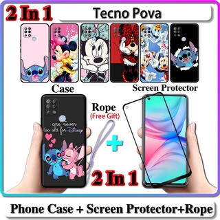 2 IN 1 เคส Tecno Pova พร้อมกระจกนิรภัยกันรอยหน้าจอโค้ง เซรามิค ลาย Stich และ Minnie