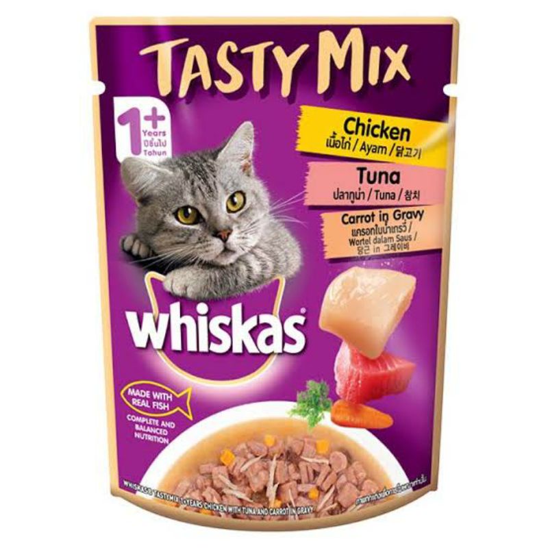 Whiskas วิสกัส tasty mix รสเนื้อไก่ทูน่าแครอทในน้ำเกรวี่