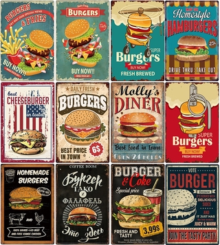 2020 Delicious Hamburger Food Signs Metal Plaques Barbecue Kitchen Restaurant Shop Tin Sign Decorative Posters Retro Iron Paintings