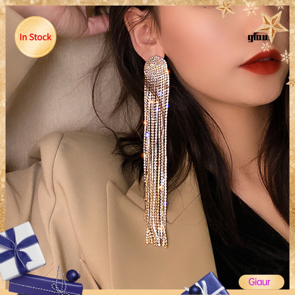 Giaur Long Full Rhinestone Tassel Earrings Alloy Shiny Women Dangle Earrings Jewelry Accessories