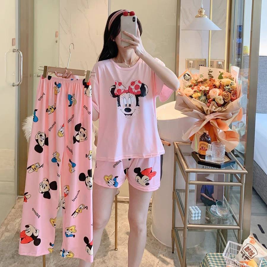 พร้อม​ส่ง​!!ชุดนอนคอกลม3ชิ้น= แขนสั้น+ ขายาว+ ขาสั้น Free Size ผ้าคอตตอน ผ้านิ่ม ลายน่ารัก