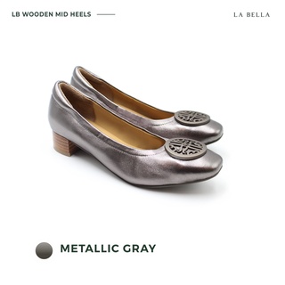 LA BELLA รุ่น LB WOODEN MID HEELS - METALLIC GRAY