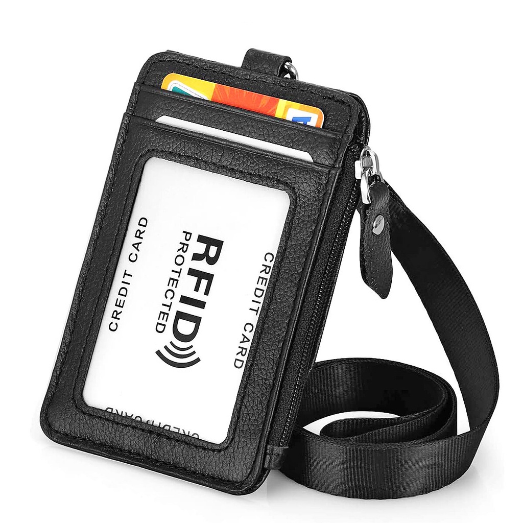 ผู้ถือตราที่มีซิปหนัง RFID พวงกุญแจกระเป๋าสตางค์เชือกเส้นเล็กคอที่มีตะขอหมุนสําหรับบัตร/เหรียญ/เงินสดสีดํา