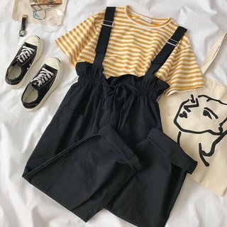 💛พร้อมส่ง🖤เซ็ท2ชิ้นเสื้อยืด+เอี๊ยมกางเกง เสื้อยืดลายทาง เอี๊ยมกางเกงขายาว ชุดเซ็ทสไตล์เกาหลี cintageshop flat2112