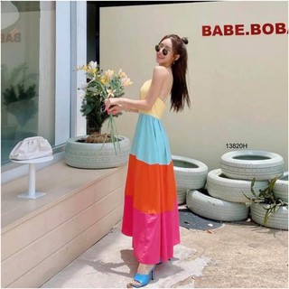 GN13820 **รบกวนสอบถามก่อนสั่งซื้อจ้า** แม็กซี่เดรสสายเดี่ยวไขว้หลังลายสลับสีMaxi Dress