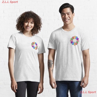 เสื้อยืดผ้าฝ้ายพิมพ์ลายZ.L.L Sport Takashi rainbow smile flower Murakami Essential T-Shirt เสื้อยืดผู้ชาย เสื้อยืดผู้หญิ