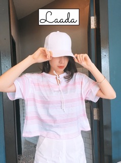 เสื้อครอป คอตตอนลายริ้ว เจาะตาไก่