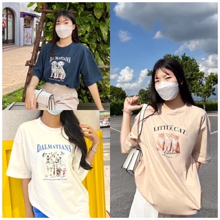 เสื้อยืดโอเวอร์ไซต์ ลายน่ารัก ผ้าคอตตอน 100% เสื้อยืดหมาแมว