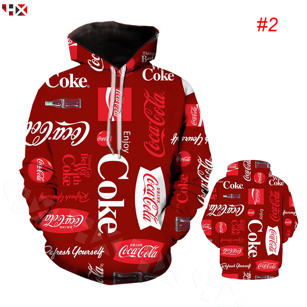 HX โคคา-โคล่า Coca-Cola 3D พิมพ์ Hoodies ลำลองแขนยาวแฟชั่นเสื้อคลุมด้วยผ้า